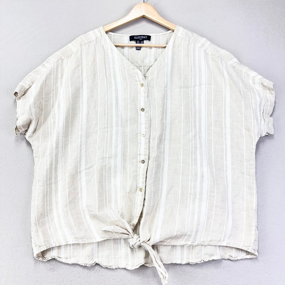Ellen Tracy Blouse Womens 1X 100% Linen Beige Cream Striped Button Front Tie - Picture 1 of 6